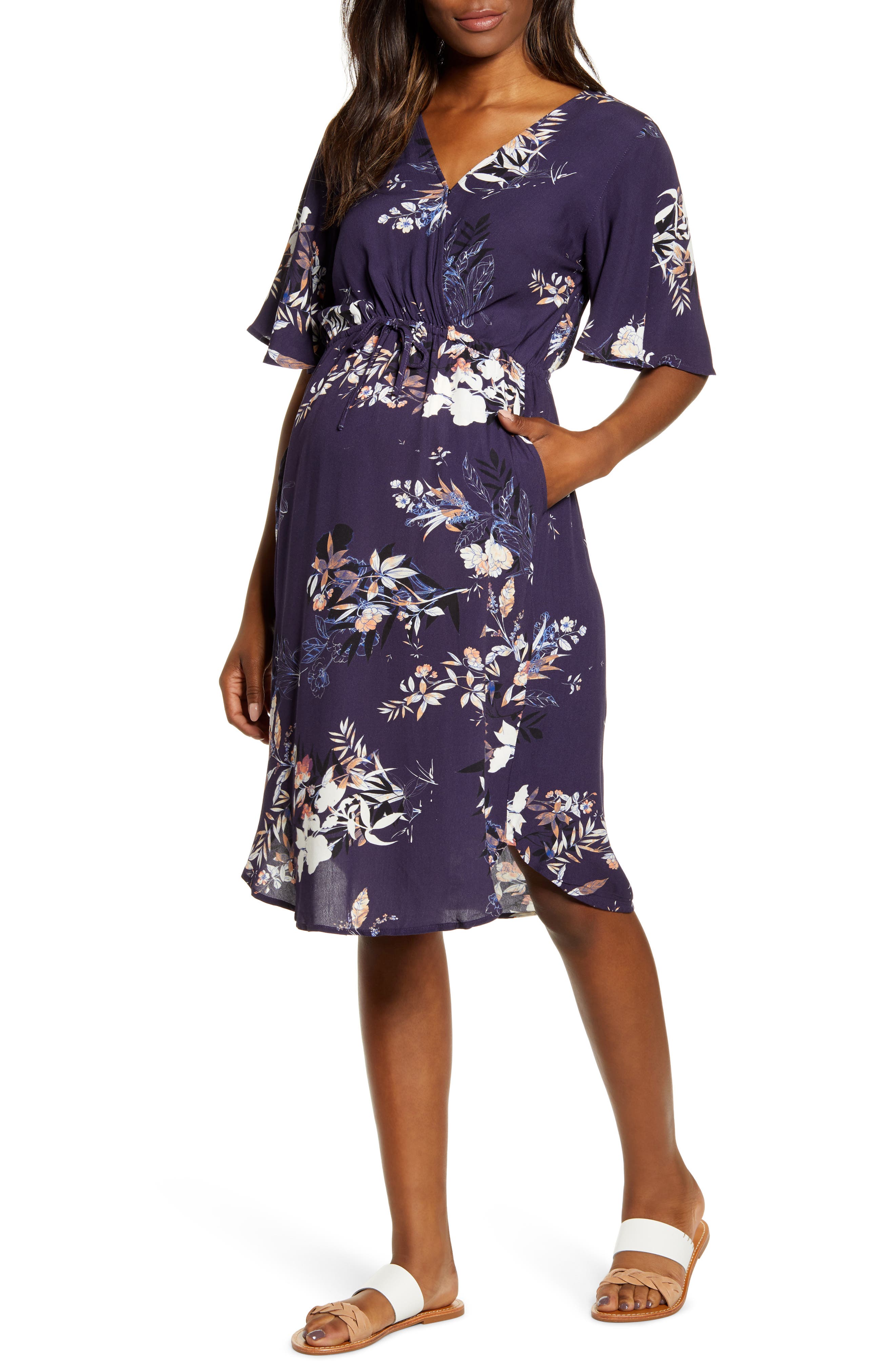 Angel Maternity In Bloom Drawstring Maternity/nursing Dress, Blue