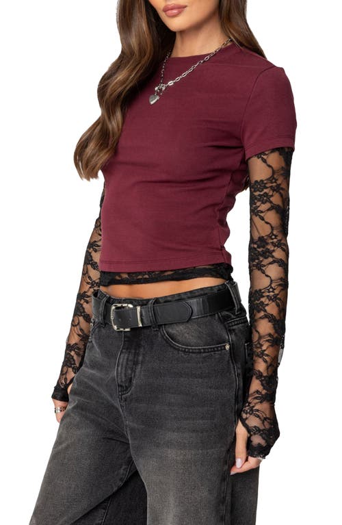 Shop Edikted Layered Lace Sleeve T-shirt In Burgundy