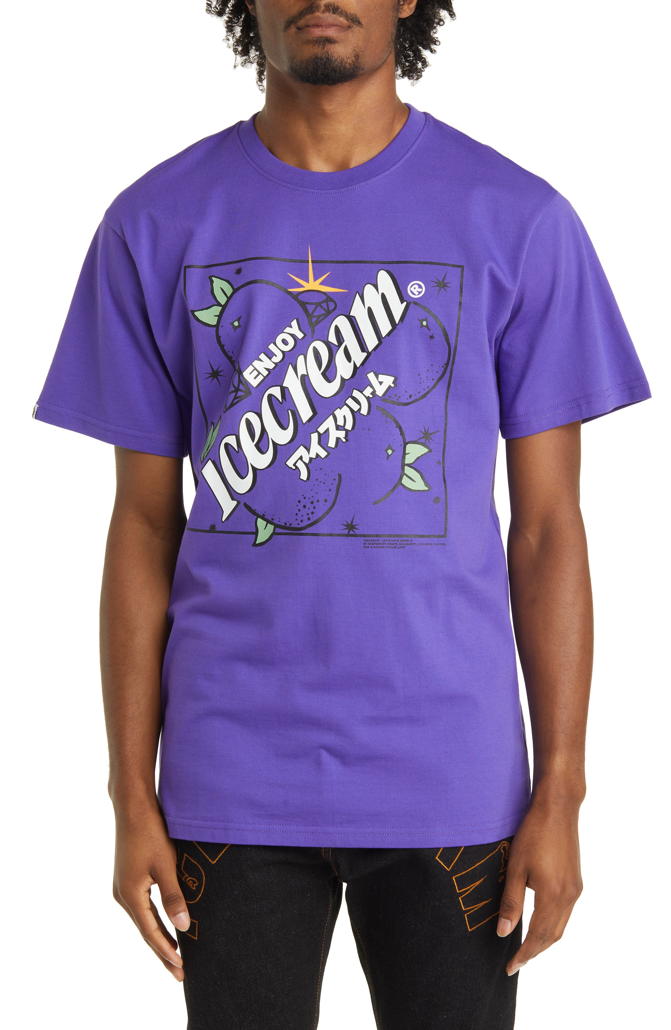 white and purple graphic tee men's