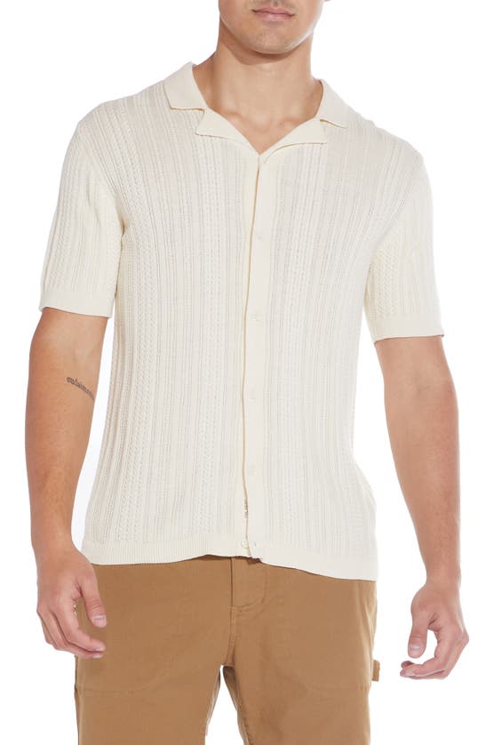 Civil Society Linen Blend Short Sleeve Button-up Cable Knit Sweater In Cream