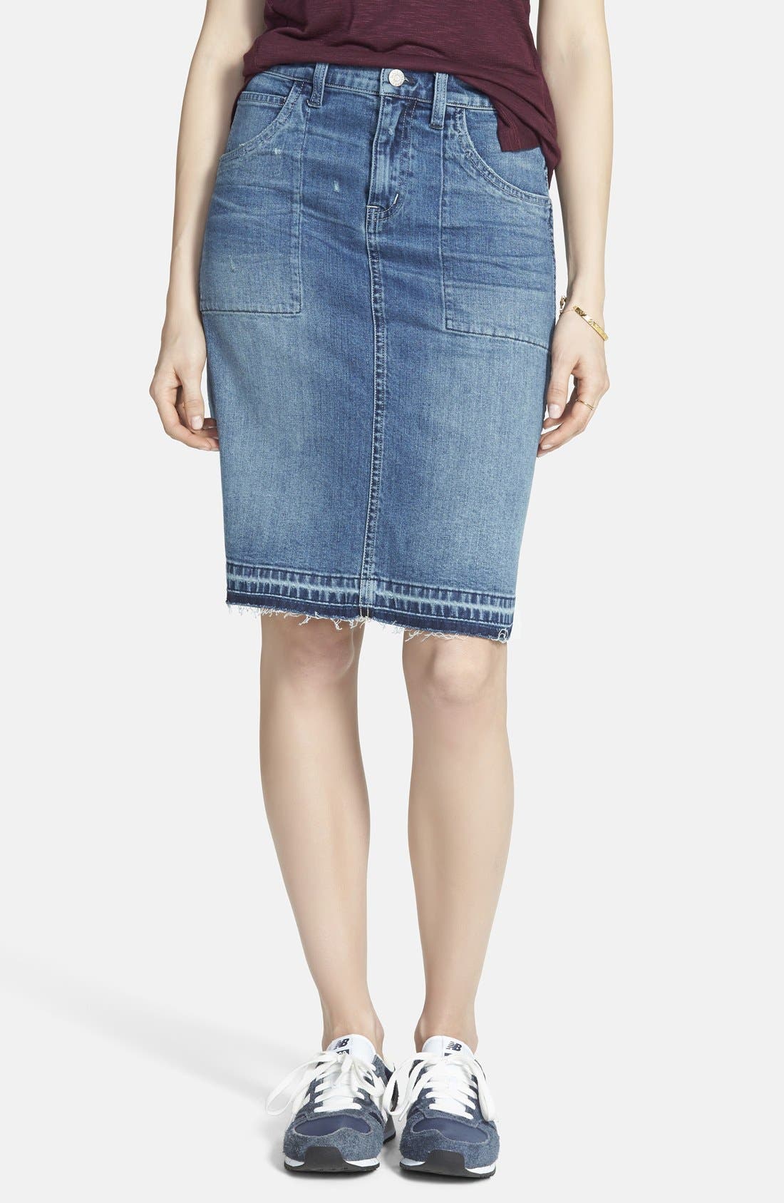 raw edge denim skirt
