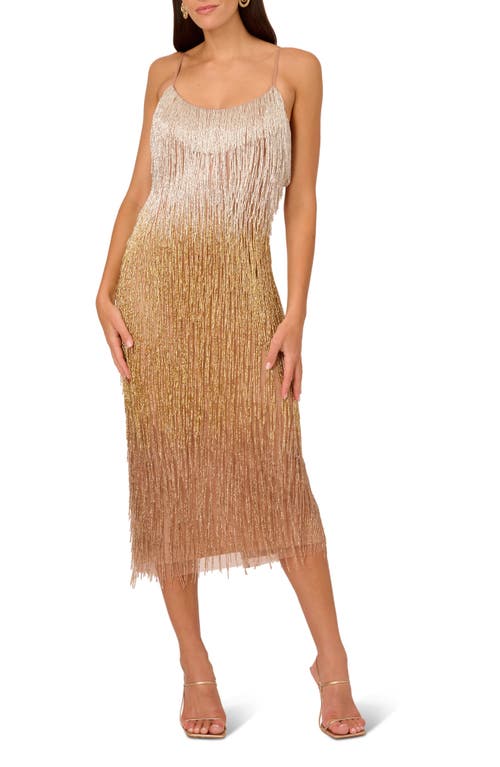 Beaded Fringe Cocktail Midi Dress in Metallic Multi