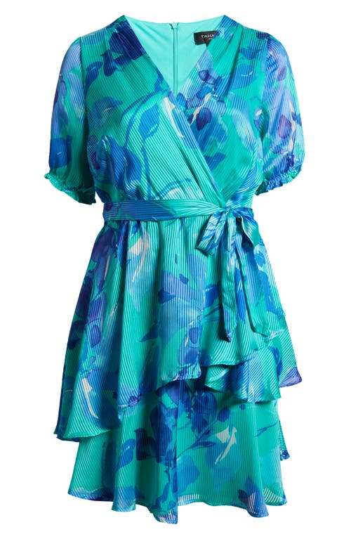Tahari Asl Floral Shadow Stripe Satin Dress In Multi Blue