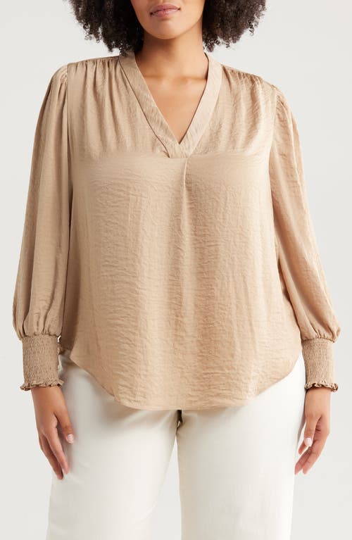 Vince Camuto Smocked Long Sleeve V-neck Blouse In Fall Camel