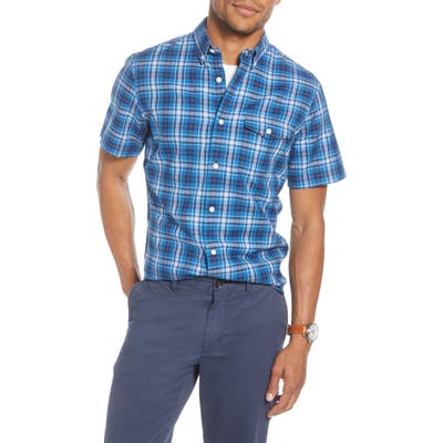 1901 Trim Fit Plaid Short Sleeve Button-Down Shirt, Blue