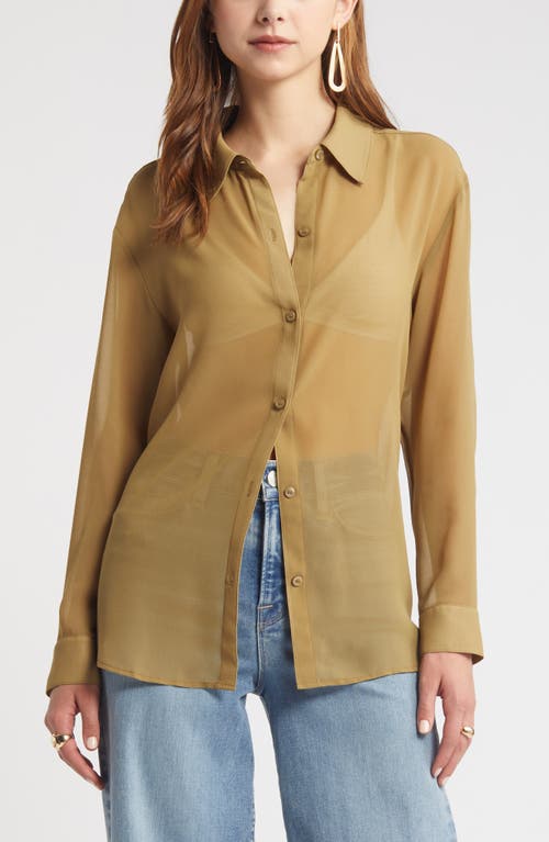 Shop Open Edit Sheer Button-up Shirt In Olive Brine