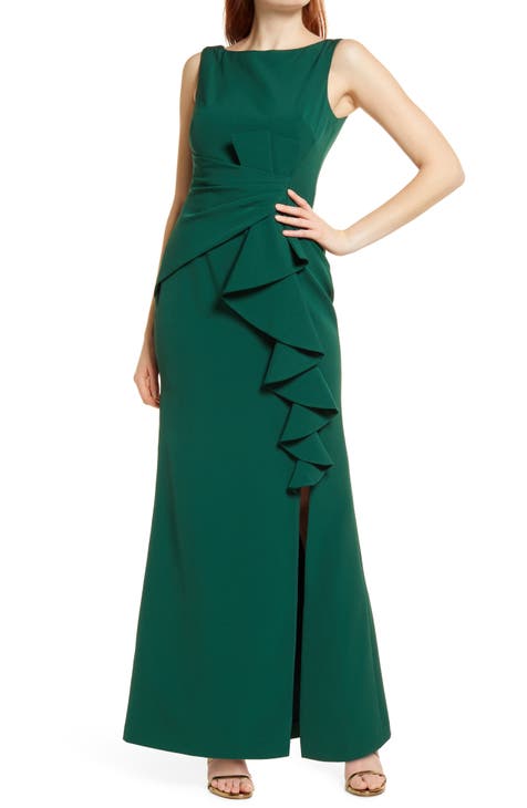 Shop Stella Long Sleeved Sparkly Split Formal Dress in Emerald