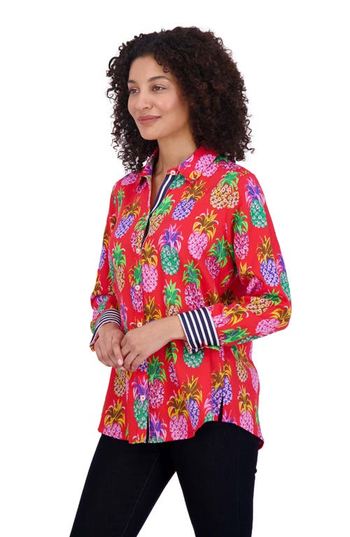 Shop Foxcroft Zoey Pineapple Print Cotton Button-up Shirt In Red/multi