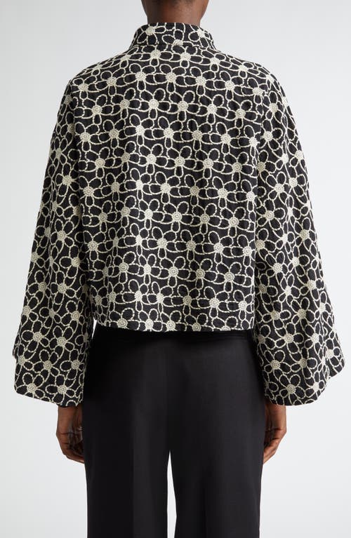 La Vie Style House Flower Embroidered Tie Front Crop Jacket In Cream/ Black