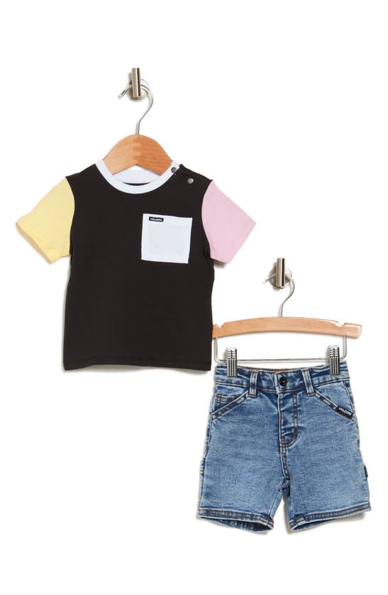 Volcom Babies' Colorblock T-shirt & Denim Shorts Set In Black