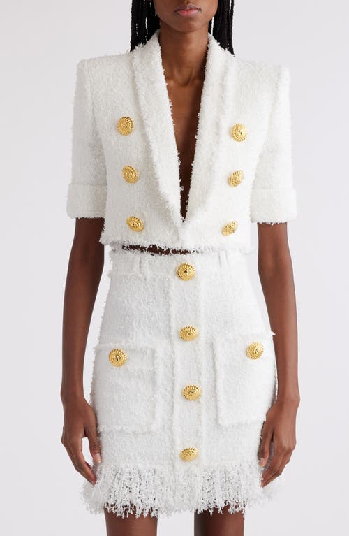 Shop Balmain Button Detail Short Sleeve Tweed Spencer Jacket In 0fa White