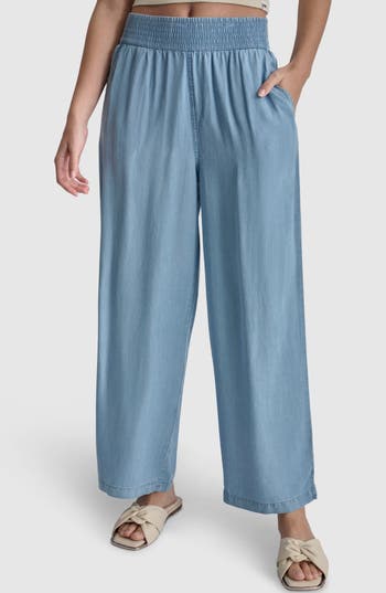Shop Dkny Jeans High Rise Tencel® Lyocell Wide Leg Pants In Chambray