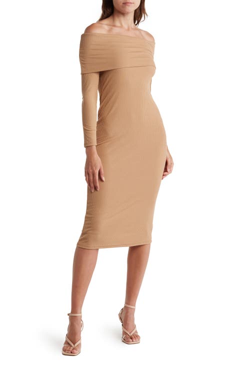 Ribbed Off the Shoulder Midi Dress