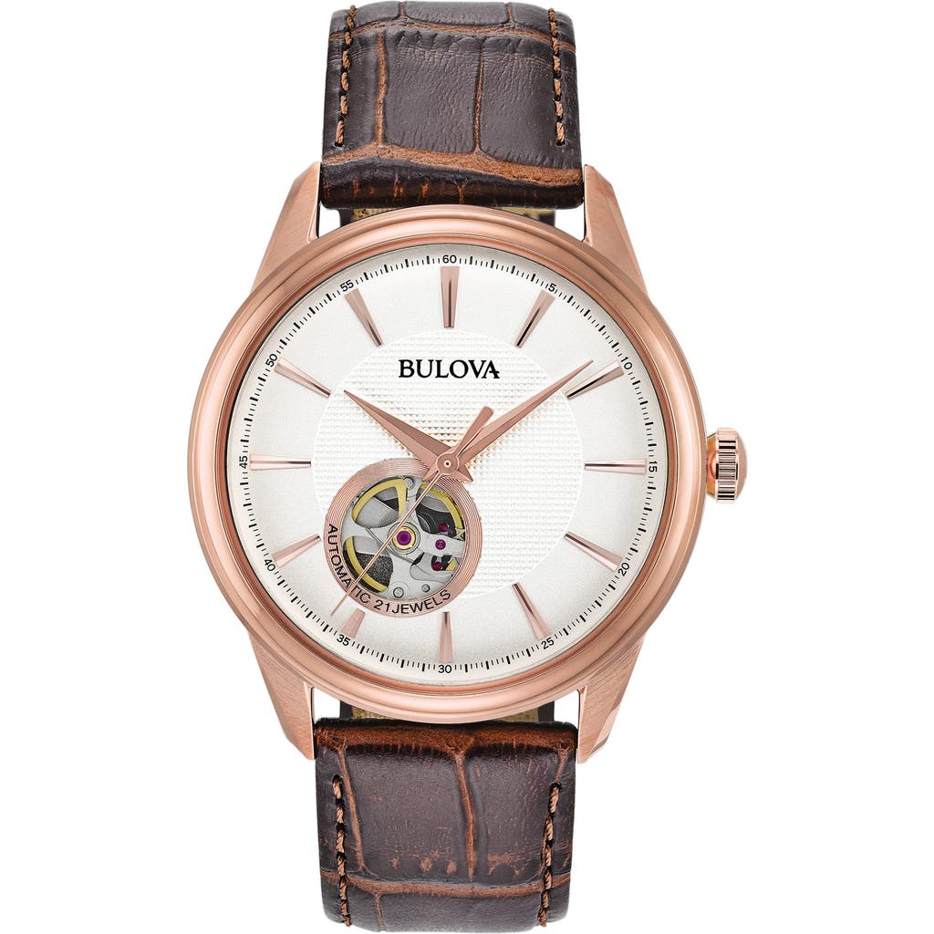 Bulova 21-jewels Automatic Leather Strap Watch, 41mm In Brown