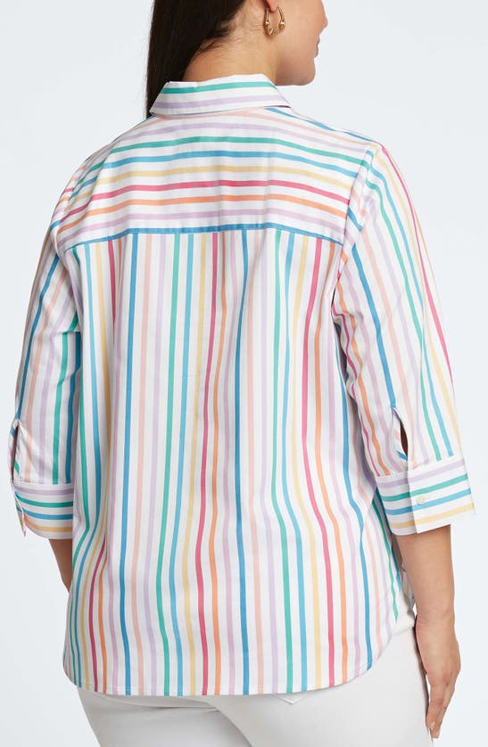 Shop Foxcroft Meghan Rainbow Stripe Cotton Button-up Shirt In White Multi Stripe