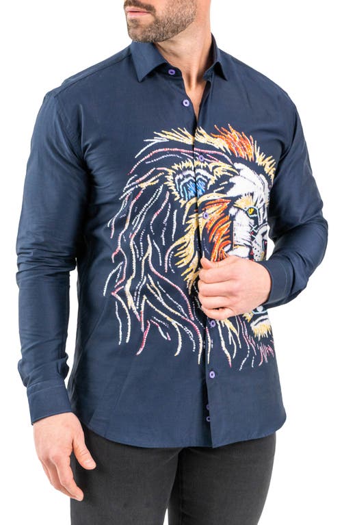 Maceoo Fibonacci Lion Embroidered Contemporary Fit Button-up Shirt In Blue