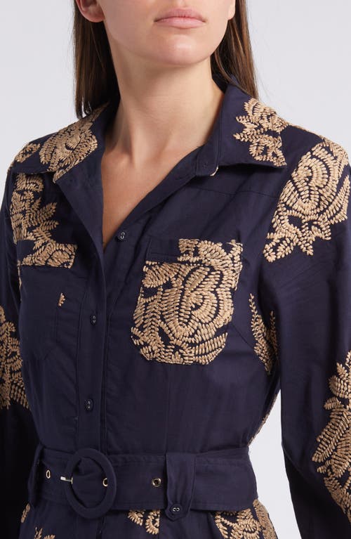 Shop Ciebon Ina Embroidered Long Sleeve Cotton Shirtdress In Navy Tan