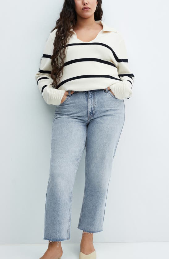 Mango Raw Hem Mid Rise Crop Straight Leg Jeans In Medium Blue