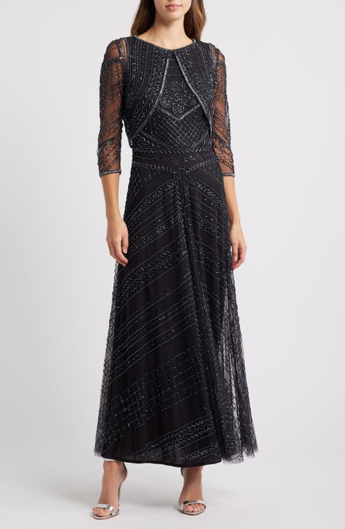 Pisarro Nights Beaded Sleeveless Gown & Jacket in Black/Gunmetal 