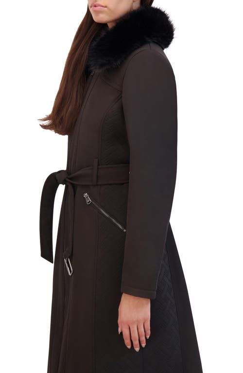 Kenneth Cole New York Belted Softshell Longline Coat With Faux Fur Trim In Black