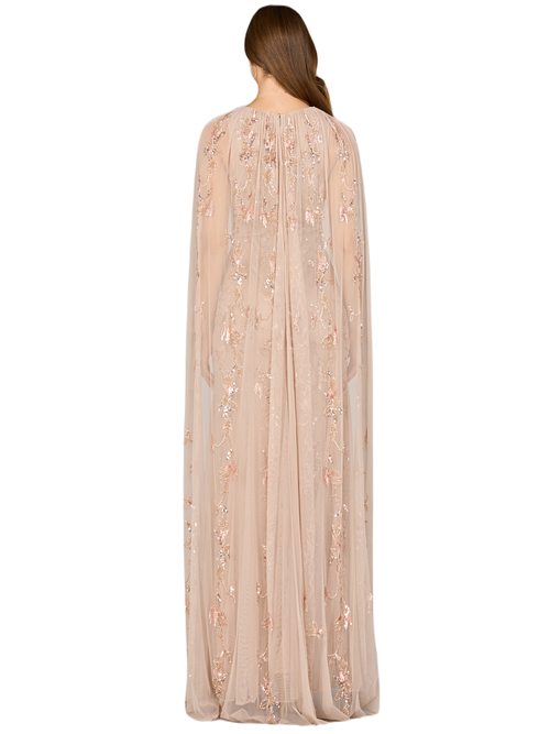Lara New York Mermaid Beaded Dress With Long Cape In Nude