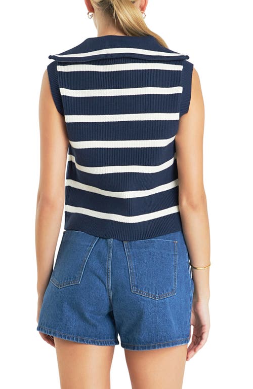 Shop English Factory Stripe Sleeveless Half Zip Sweater In Navy/ivory