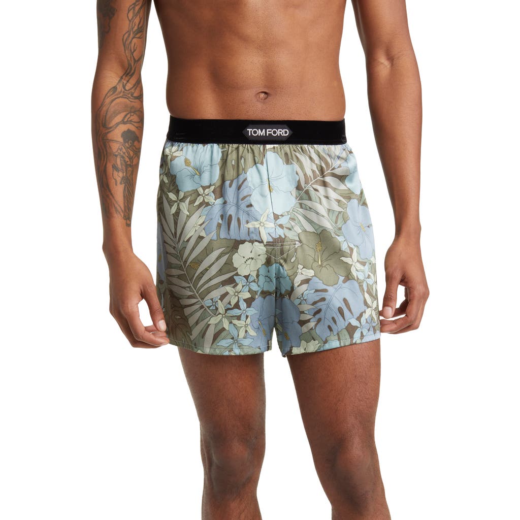 Tom Ford Floral Print Stretch Silk Boxers In Green