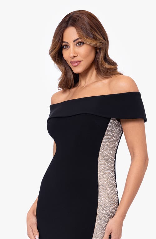 Shop Xscape Evenings Caviar Diamante Off The Shoulder Gown In Black/nude/silver