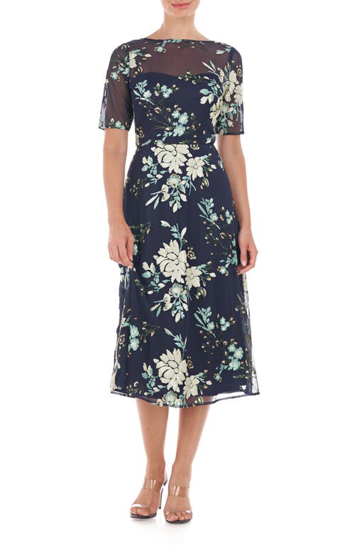 JS Collections Josephine Floral A-Line Midi Dress in Navy/Pistachio