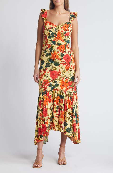 Floral Ruffle Strap Handkerchief Hem Dress