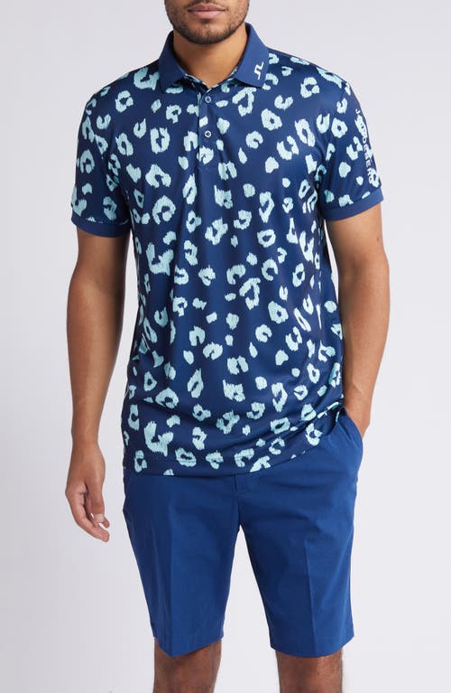 J. Lindeberg Tour Leopard Print Polo Savanna Estate Blue at Nordstrom,