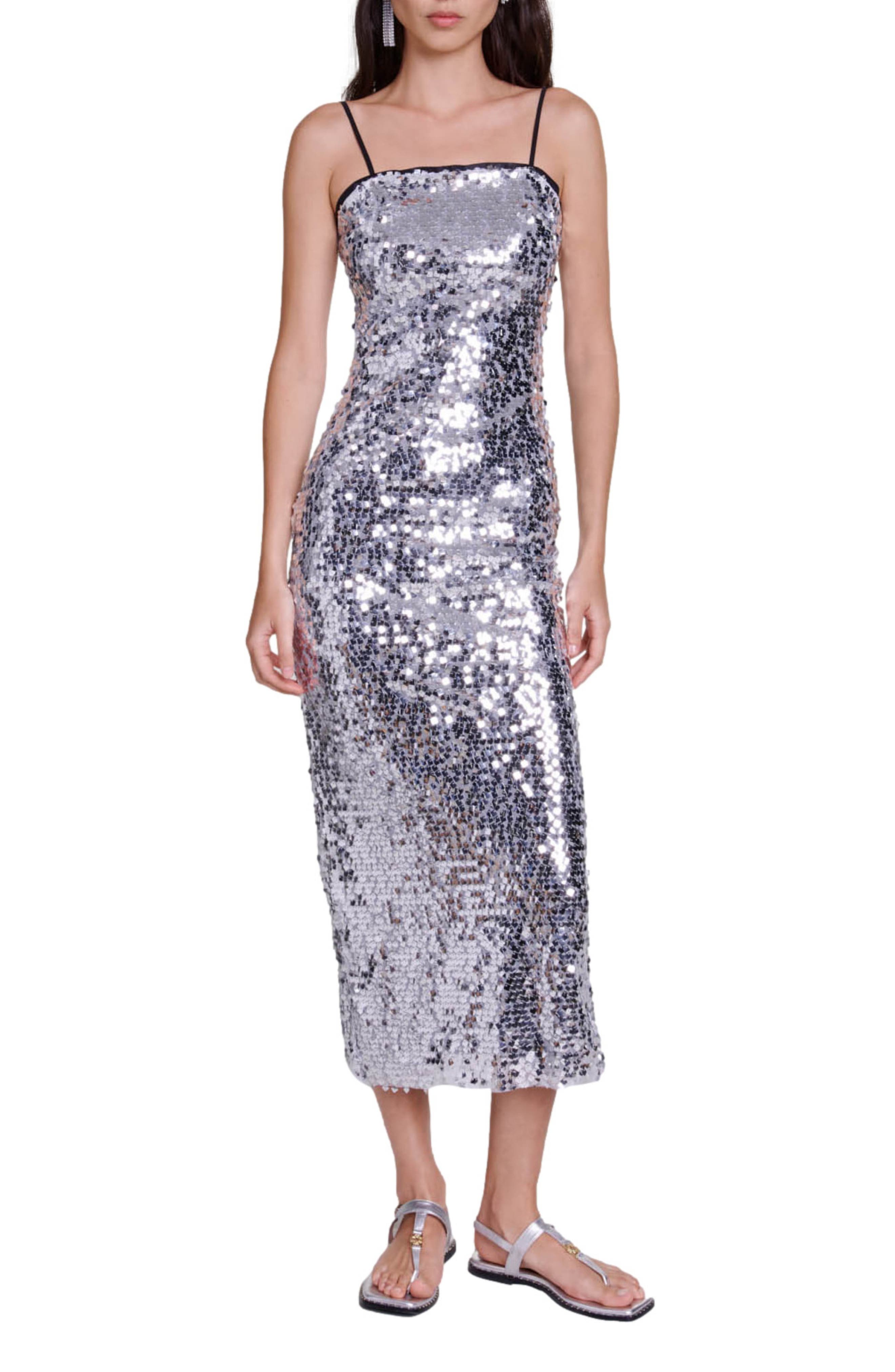 maje silver sequin dress Sequin-embroidered velvet dress Black / Gray For Women