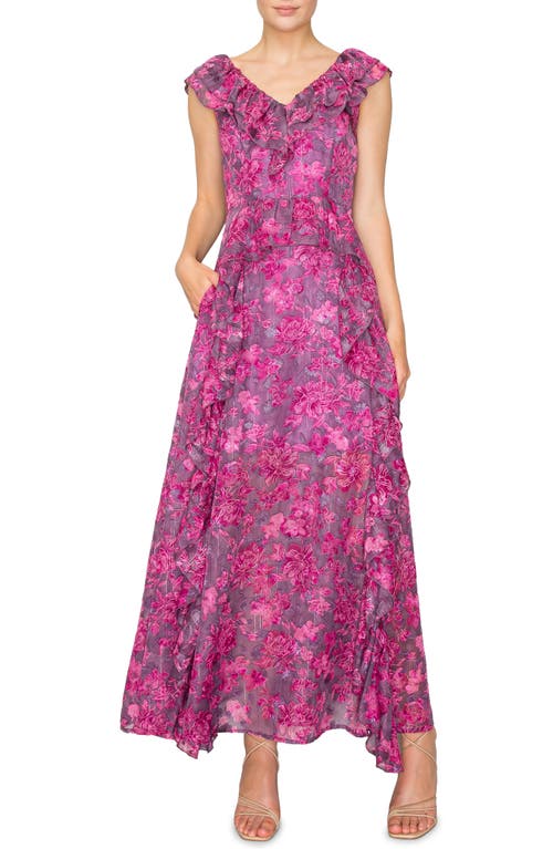 MELLODAY Floral Print Ruffle Maxi Dress Plum Magenta at Nordstrom,