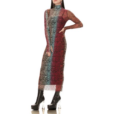 Afrm Shailene Long Sleeve Print Mesh Dress, Burgundy