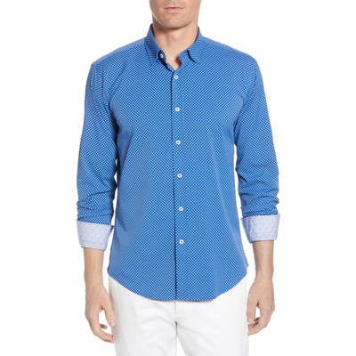 Bugatchi Shaped Fit Print Performance Shirt, Blue