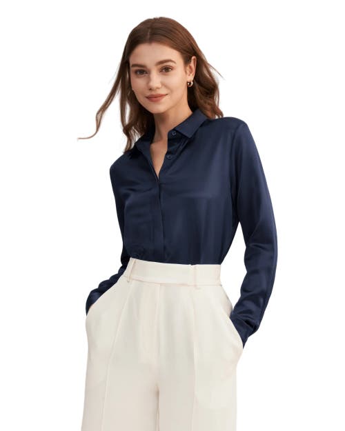 Lilysilk Basic Concealed Placket Silk Shirt In Navy Blue