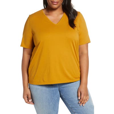 Plus Size Eileen Fisher Striped V-Neck Organic Cotton Tee, Yellow