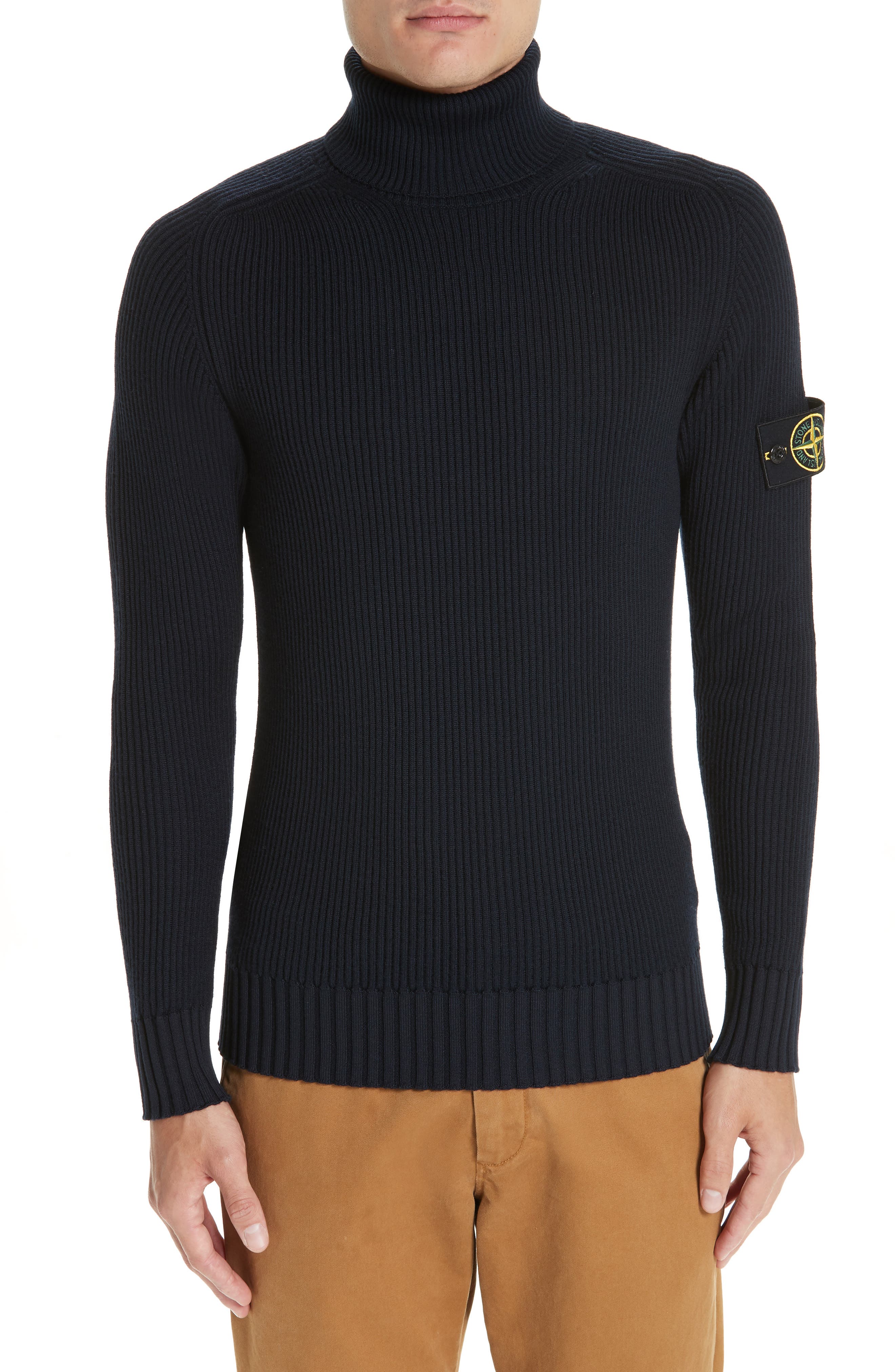 Stone Island Ribbed Wool Turtleneck Sweater in Navy