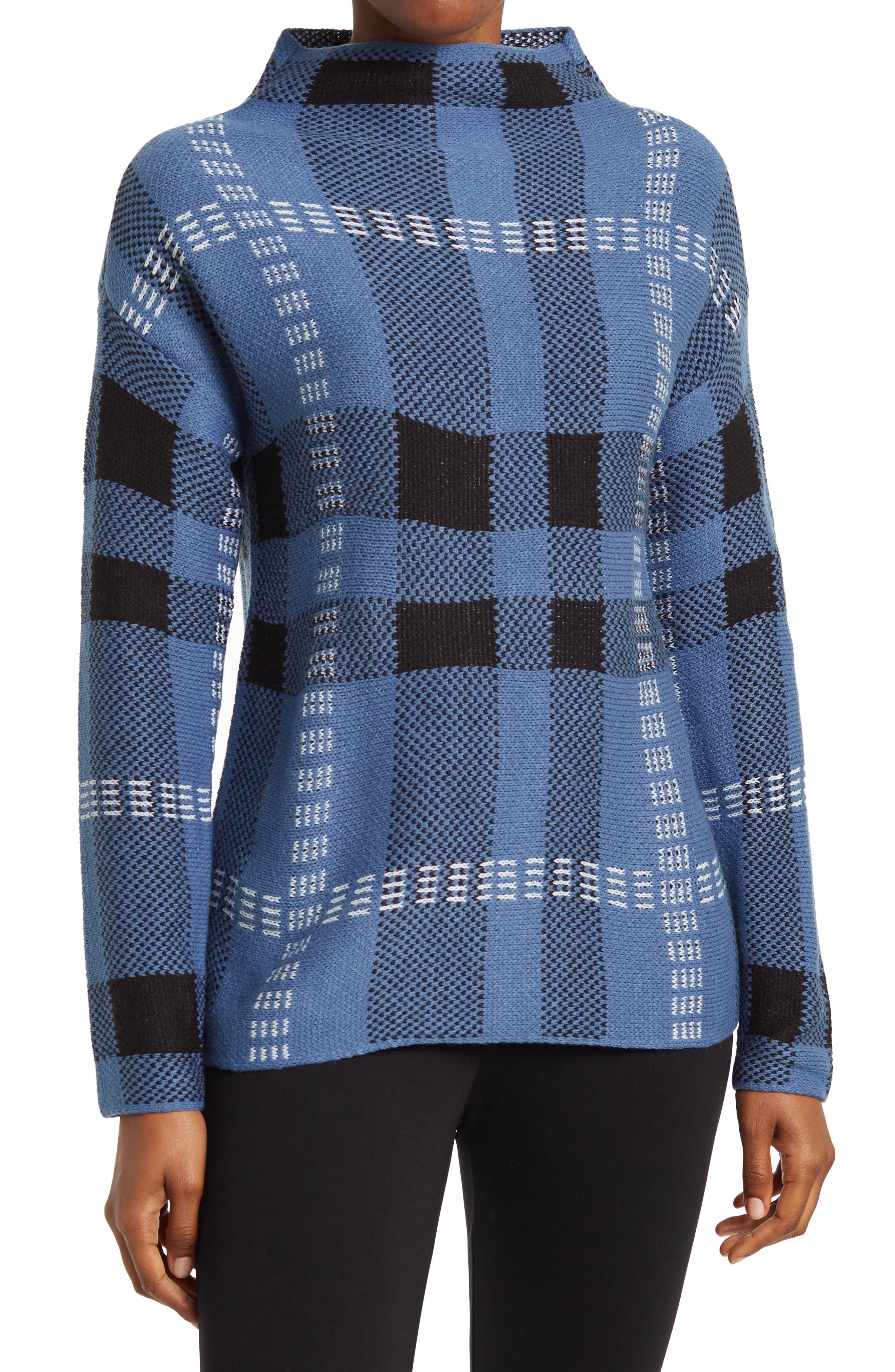by Design Kylie Plaid Turtleneck Sweater in Blue/Black/Ivory at Nordstrom Rack, Size Large