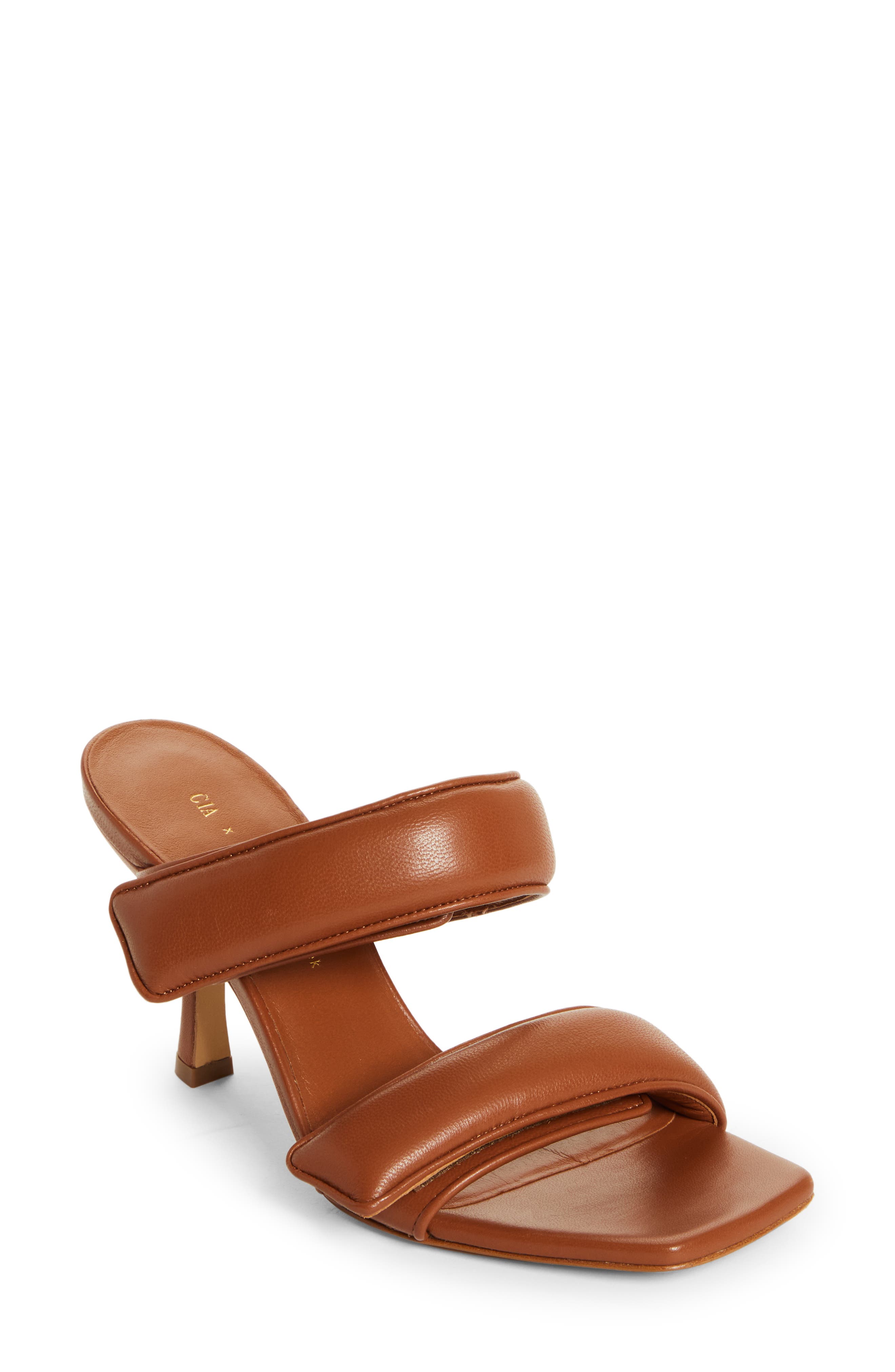 Brown heeled slide sandals
