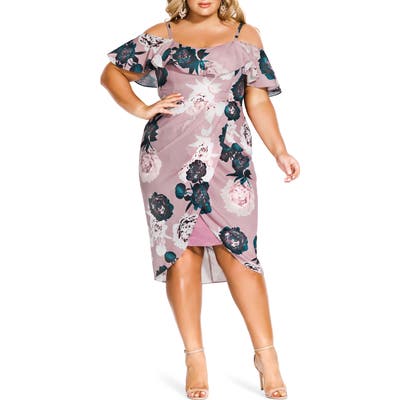 Plus Size City Chic Floral Quartz Faux Wrap Dress, Purple