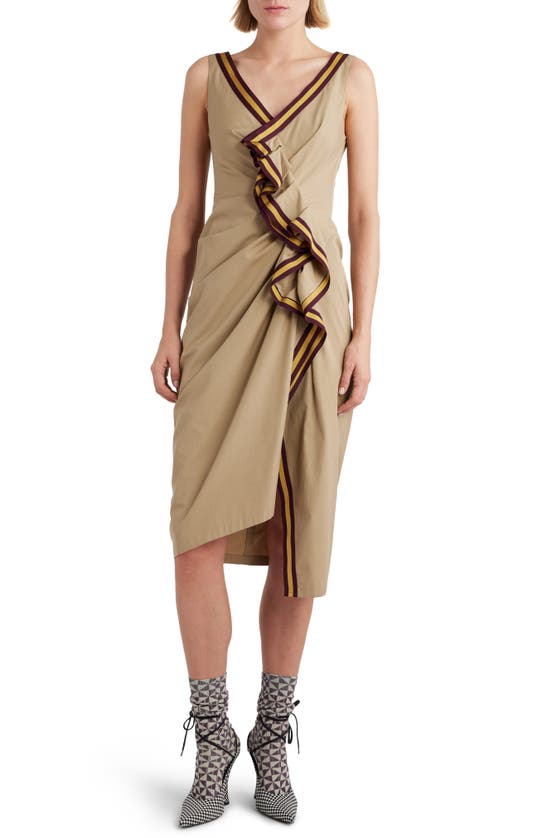 Shop Dries Van Noten Rugby Stripe Trim Asymmetric Ruffle Cotton Poplin Dress In Beige