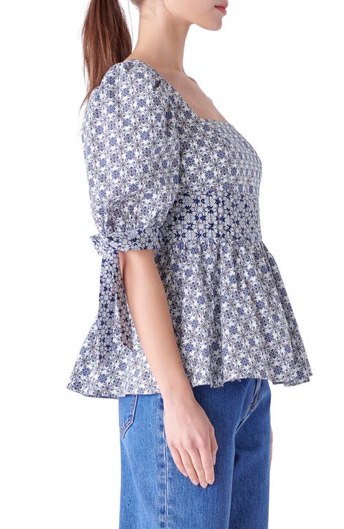 Shop English Factory Mixed Print Cotton Peplum Top In White/blue