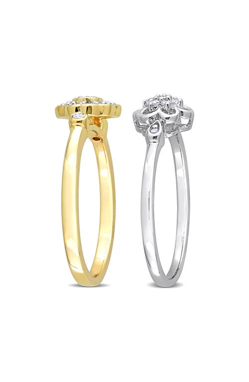 Delmar Set Of 2 Sterling Silver Diamond Flower Rings In Silver/gold