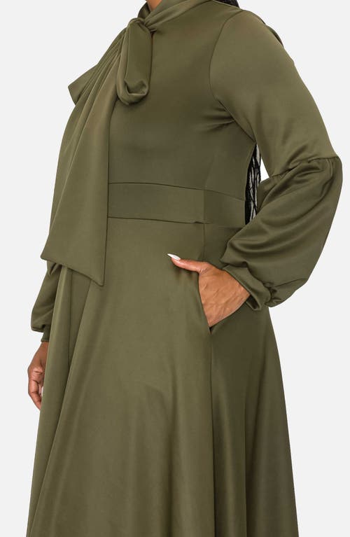 Shop L I V D Bella Donna Long Sleeve Ribbon Tie Dress In Olive