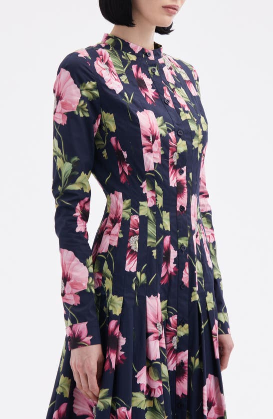 Shop Oscar De La Renta Paneled Poppy Print Long Sleeve Midi Shirtdress In Navy/ Pink