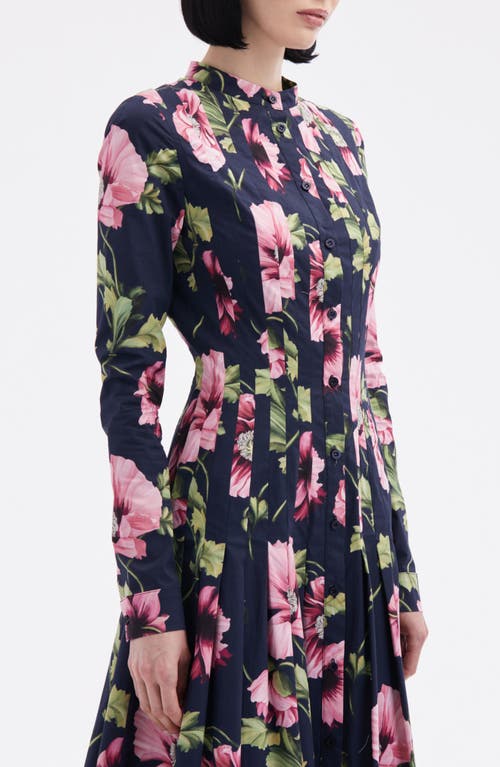 Shop Oscar De La Renta Paneled Poppy Print Long Sleeve Midi Shirtdress In Navy/pink