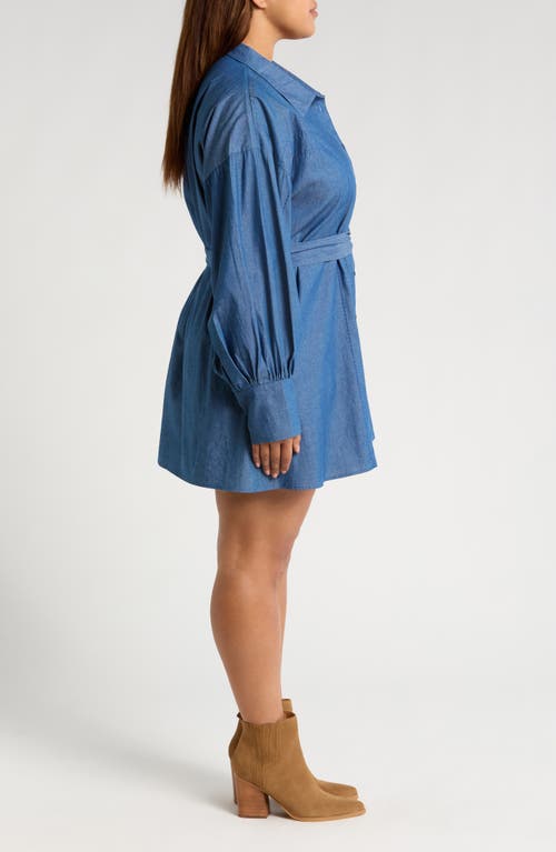 Shop Ciebon Belted Long Sleeve Cotton Chambray Shirtdress In Blue