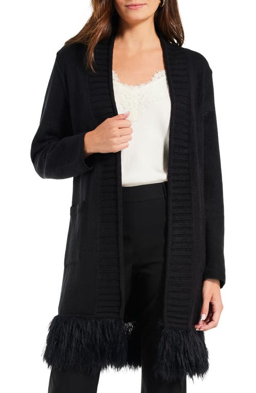 NIC+ZOE Festive Days Longline Faux Fur Trim Cardigan in Black Onyx