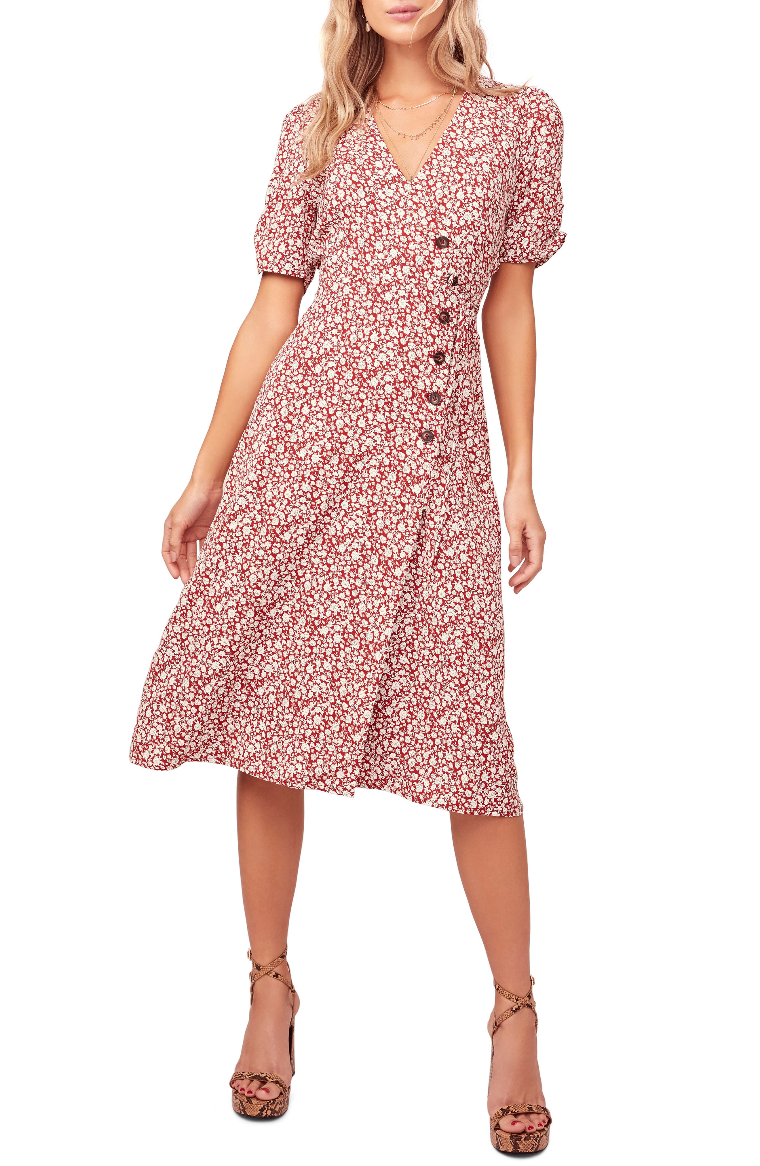Astr The Label Kinsley Micro Print Wrap Dress, Red